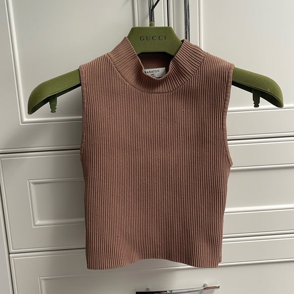 Babaton Aritzia tan Sculpt Knitted Mock neck Ribbed Cropped Tank Top XXS - Picture 2 of 5